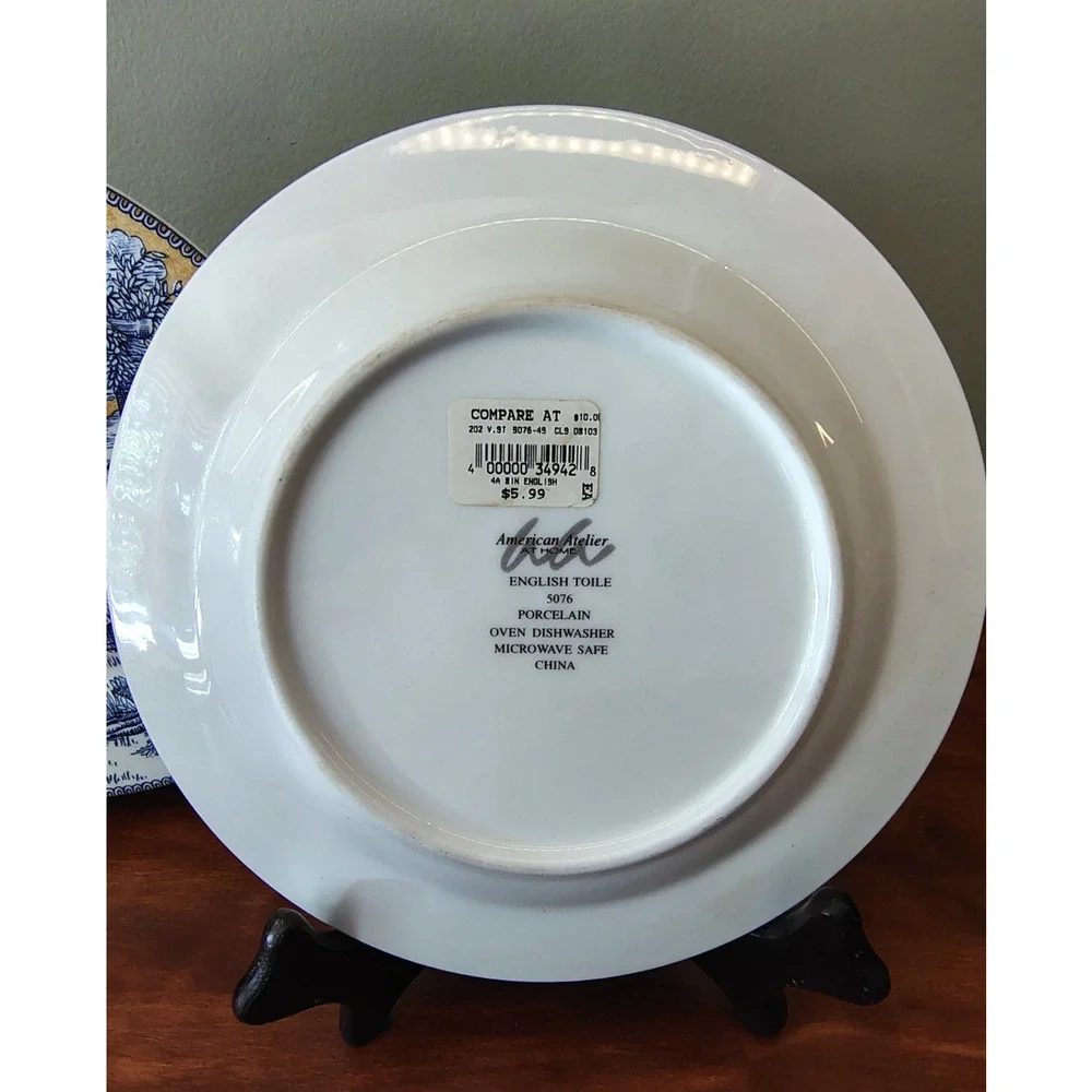 Set of 3 American Atelier Porcelain Salad Plates English Toile Blue Deco 5076